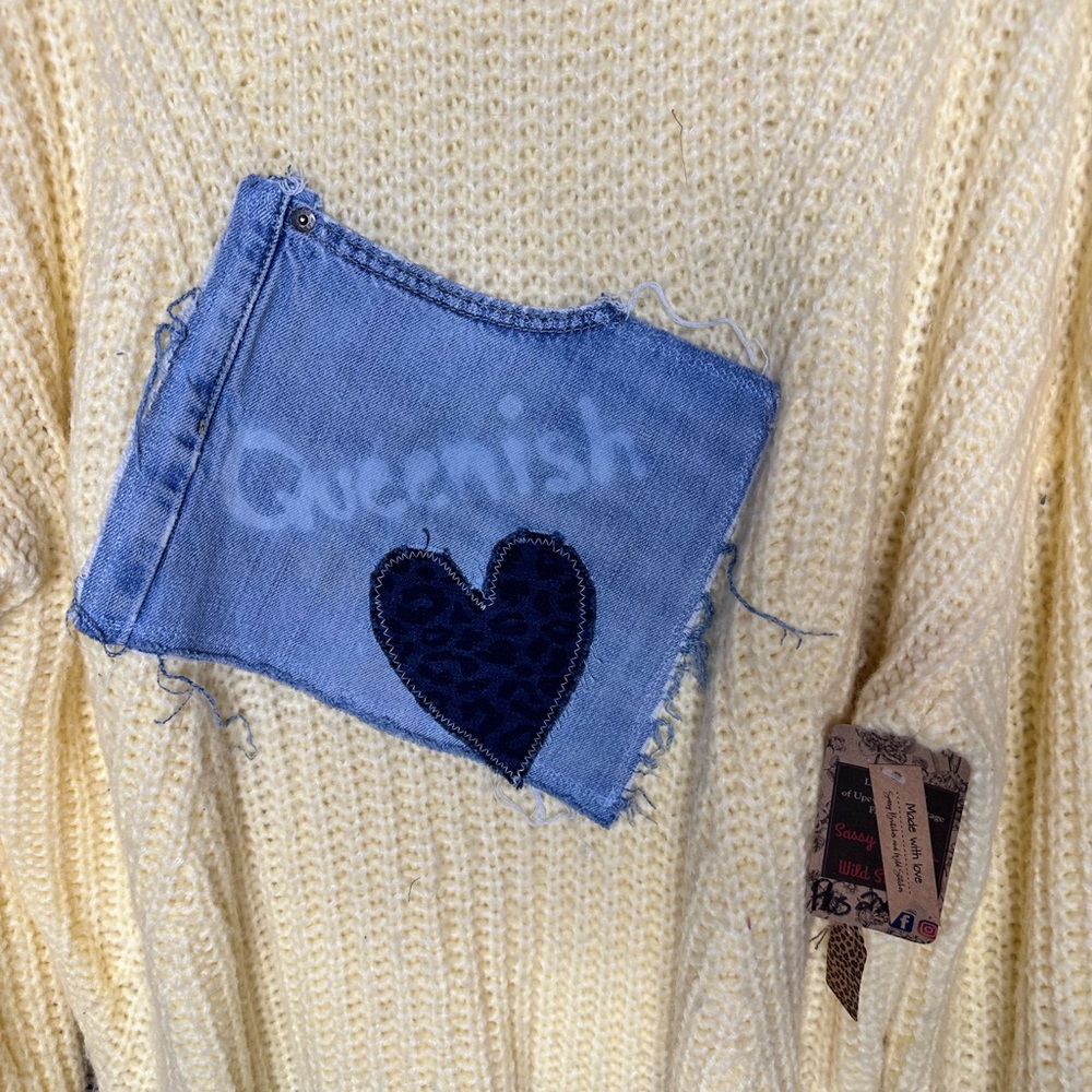 Women's Artisan Upcycled Recycled Handmade Oversized Yellow Sweater Queen Denim - Picture 4 of 4